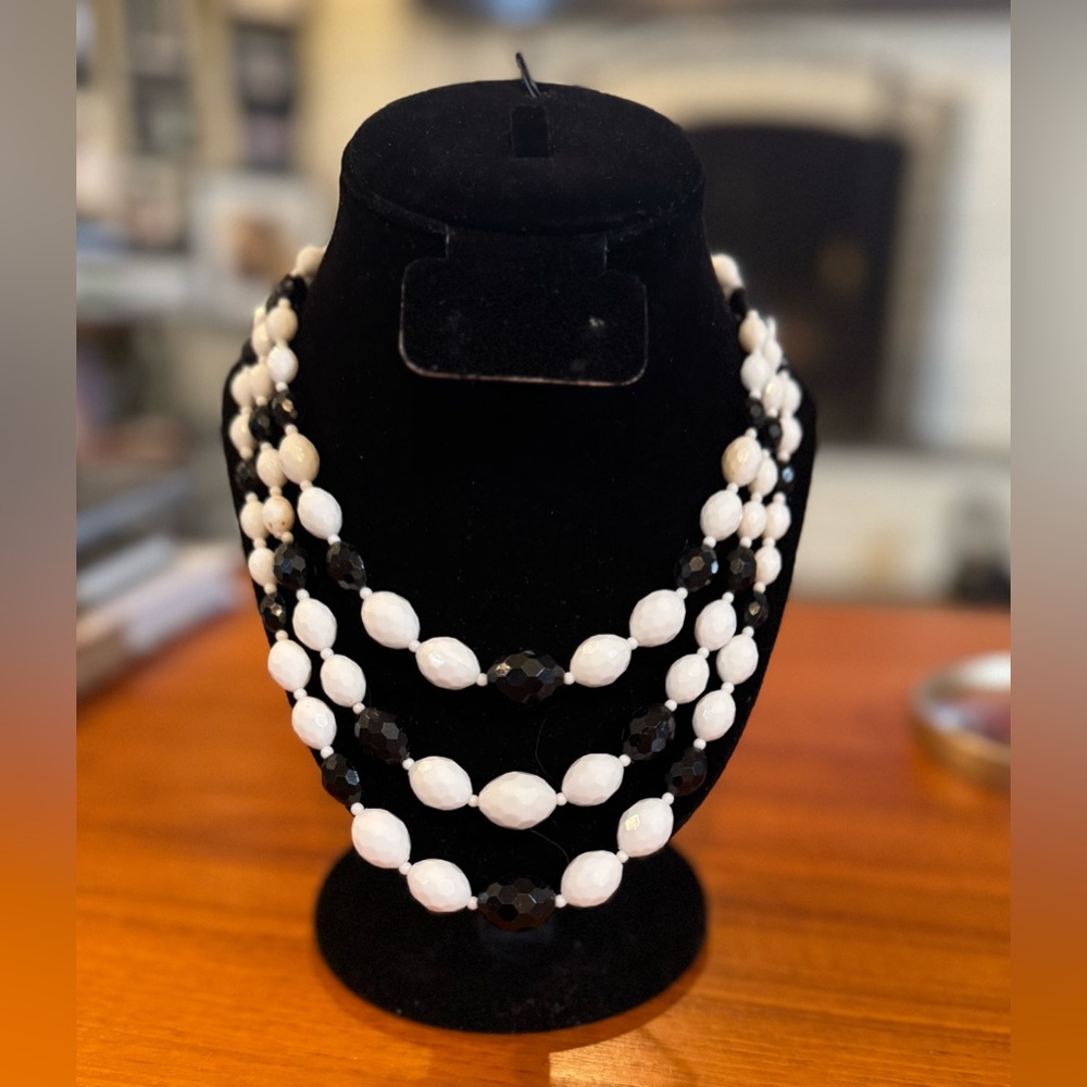 Vintage 3-Strand, Black/White Beaded Necklace w/ Silver-Tone Clasp